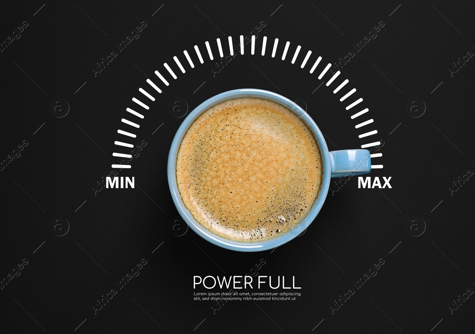 Coffee and power gauge scale on black background, top view. Handle of cup pointing at maximum. Energizing property of caffeine Image of Coffee and power gauge scale on black background, top view. Handle of cup pointing at maximum. Energizing property of caffeine