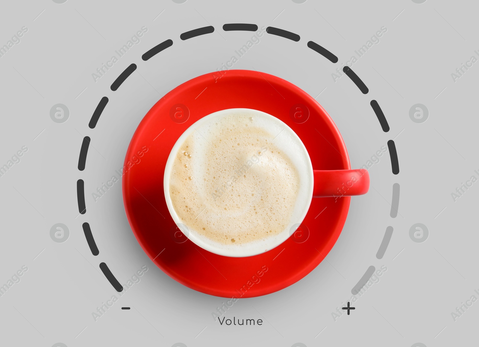 Coffee and volume of energy gauge scale on light grey background, top view. Handle of cup pointing at maximum area. Stimulating property of caffeine Image of Coffee and volume of energy gauge scale on light grey background, top view. Handle of cup pointing at maximum area. Stimulating property of caffeine