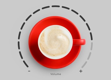 Image of Coffee and volume of energy gauge scale on light grey background, top view. Handle of cup pointing at maximum area. Stimulating property of caffeine