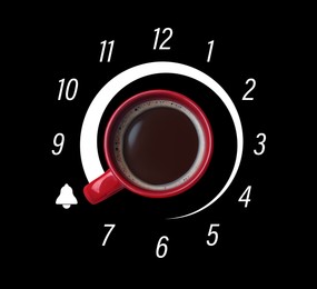 Image of Coffee and clock face on black background. Handle of cup pointing at bell illustration instead of 8. Morning beverage