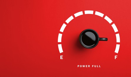 Image of Coffee and power gauge scale on red background, top view. Handle of cup pointing at Full area. Energizing property of caffeine