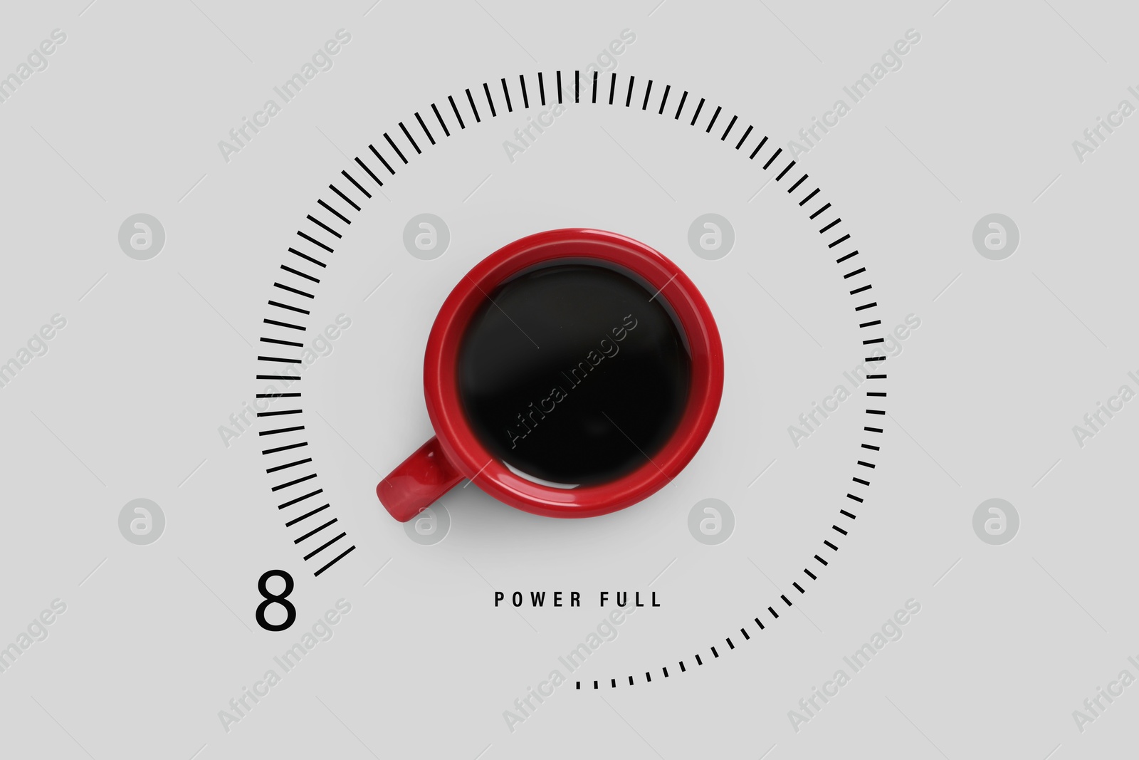 Coffee and power gauge scale on light grey background, top view. Handle of cup pointing at maximum. Energizing property of caffeine Image of Coffee and power gauge scale on light grey background, top view. Handle of cup pointing at maximum. Energizing property of caffeine