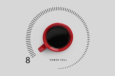Image of Coffee and power gauge scale on light grey background, top view. Handle of cup pointing at maximum. Energizing property of caffeine