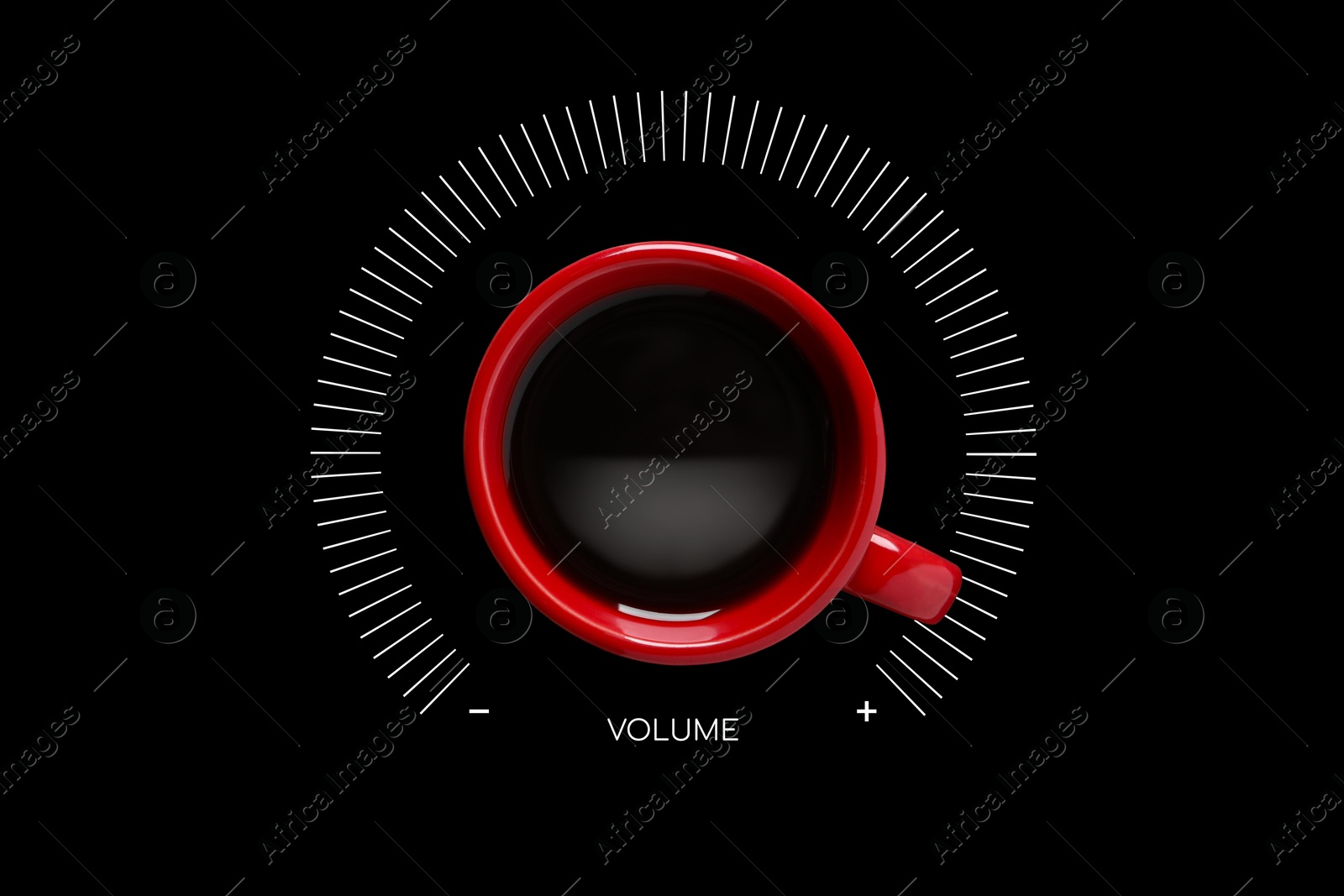 Image of Coffee and volume of energy gauge scale on black background, top view. Handle of cup pointing at maximum area. Stimulating property of caffeine