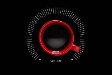 Image of Coffee and volume of energy gauge scale on black background, top view. Handle of cup pointing at maximum area. Stimulating property of caffeine