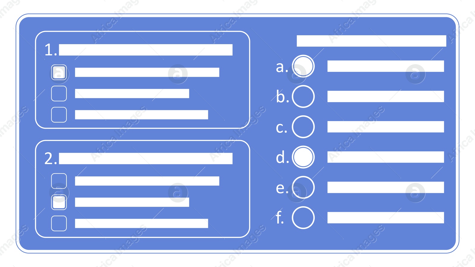 Online test form with questions and checkboxes on white background Illustration of Online test form with questions and checkboxes on white background