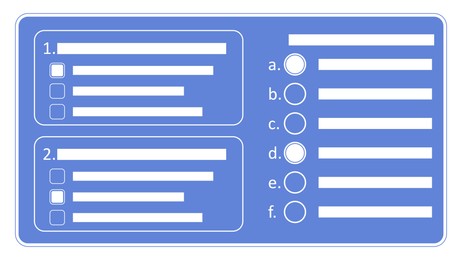 Illustration of Online test form with questions and checkboxes on white background