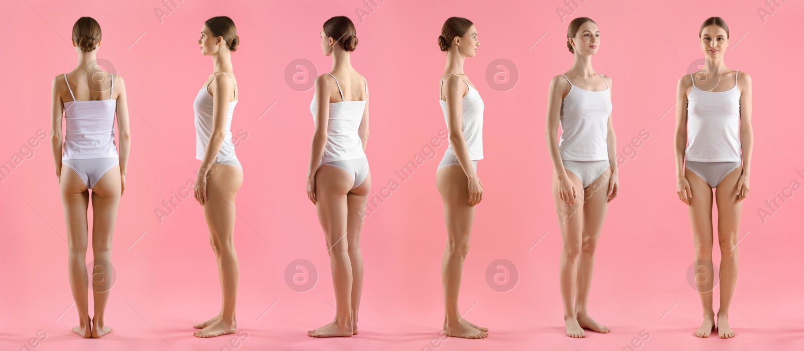 Young woman in underwear on pink background, collage. View from different sides Image of Young woman in underwear on pink background, collage. View from different sides