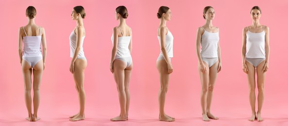 Image of Young woman in underwear on pink background, collage. View from different sides