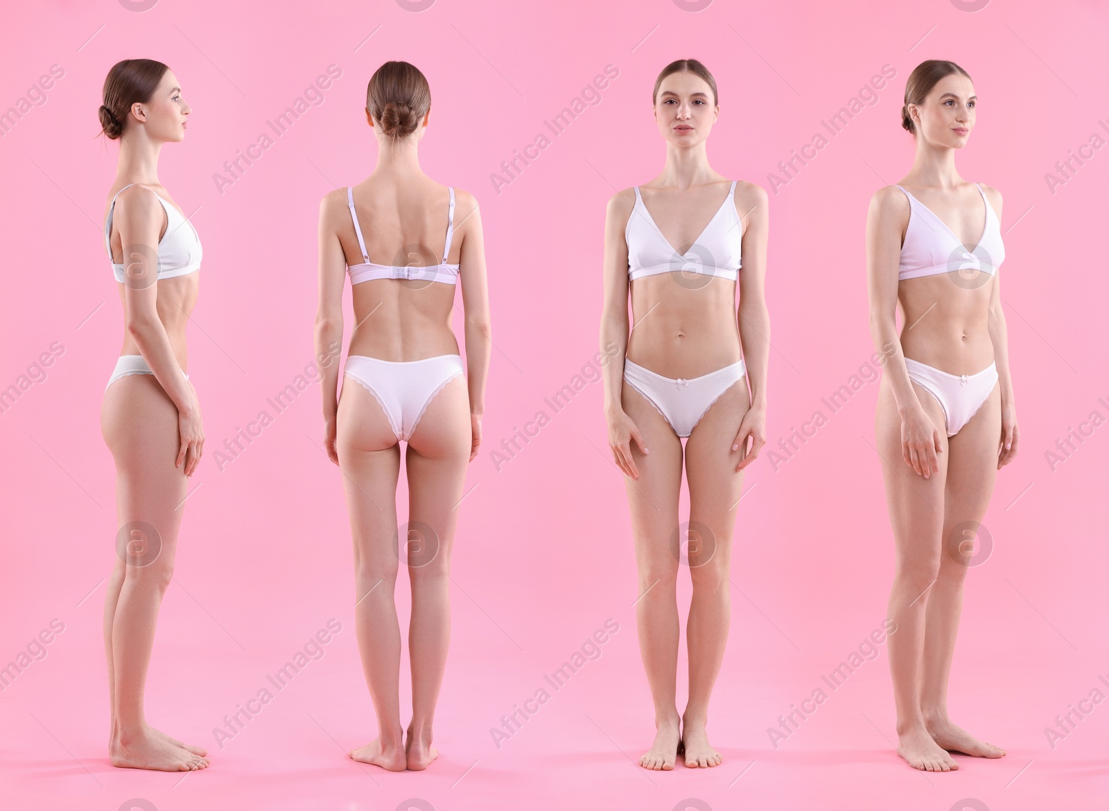 Young woman in underwear on pink background, collage. View from different sides Image of Young woman in underwear on pink background, collage. View from different sides