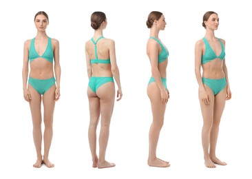 Image of Young woman in turquoise underwear on white background, collage. View from different sides