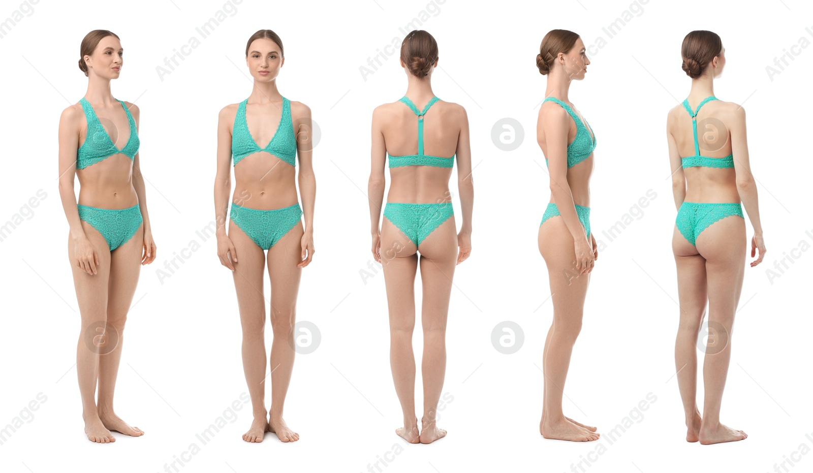 Young woman in turquoise underwear on white background, collage. View from different sides Image of Young woman in turquoise underwear on white background, collage. View from different sides