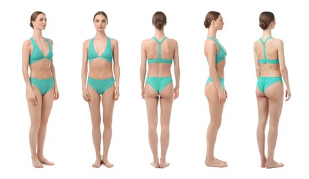 Image of Young woman in turquoise underwear on white background, collage. View from different sides