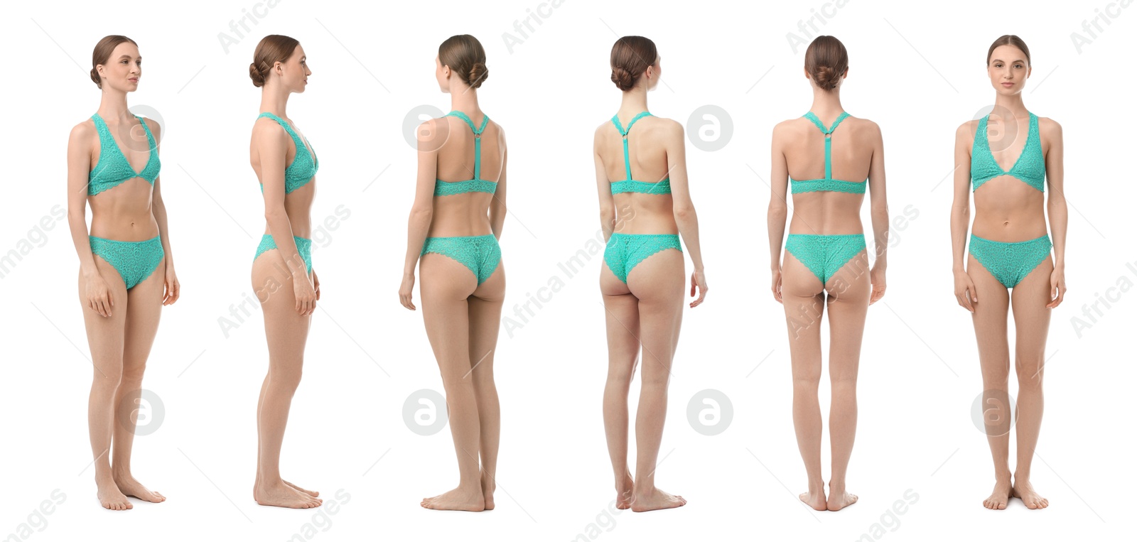 Young woman in turquoise underwear on white background, collage. View from different sides Image of Young woman in turquoise underwear on white background, collage. View from different sides