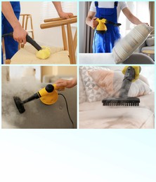 Image of Different photos of janitors using steam cleaners, collage. Space for text