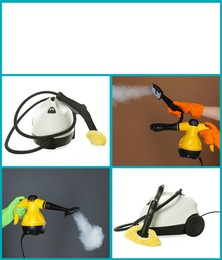 Image of Different photos of steam cleaners combined into collage. Space for text