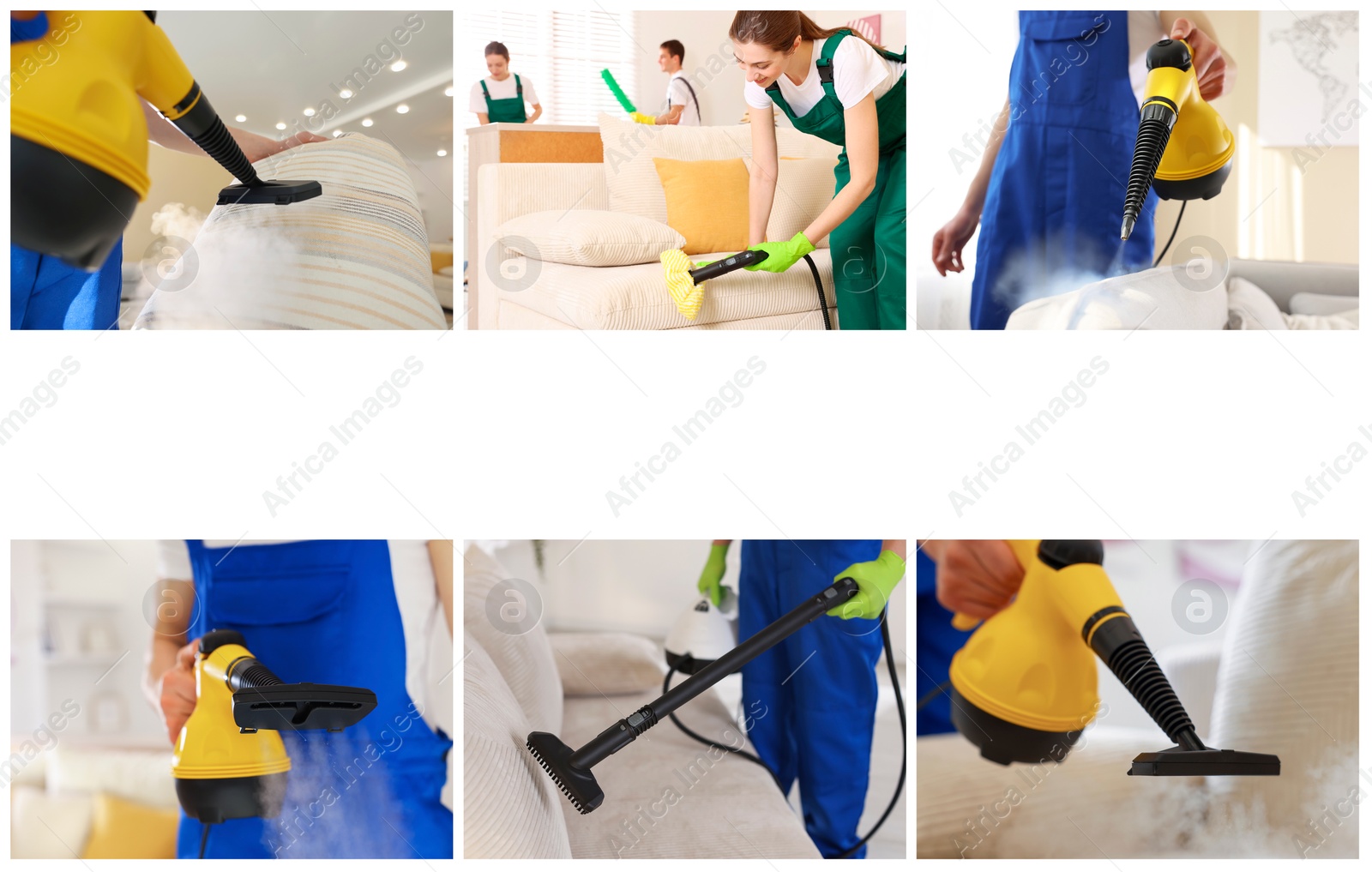 Different photos of janitors using steam cleaners, collage. Space for text Image of Different photos of janitors using steam cleaners, collage. Space for text