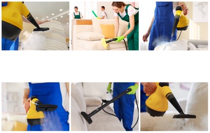 Image of Different photos of janitors using steam cleaners, collage. Space for text