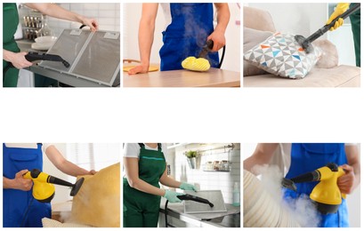 Image of Different photos of janitors using steam cleaners, collage. Space for text