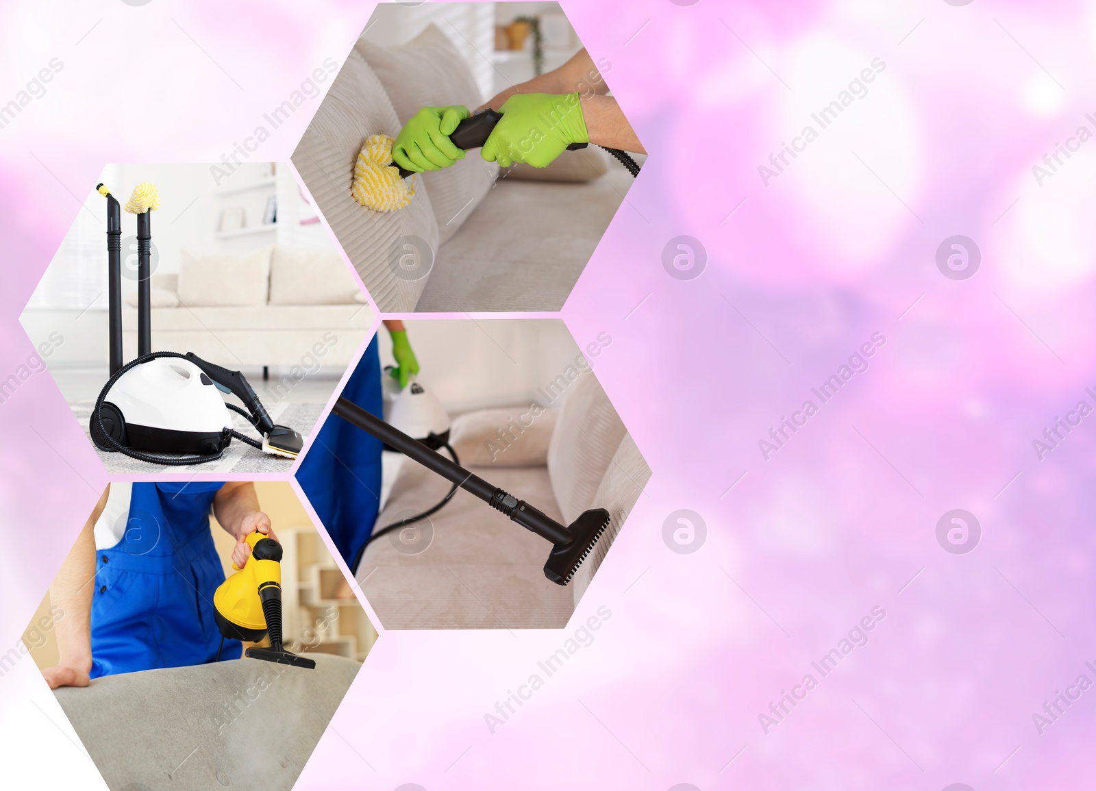Image of Different photos of steam cleaners combined into collage on color background. Space for text