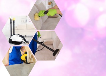 Image of Different photos of steam cleaners combined into collage on color background. Space for text