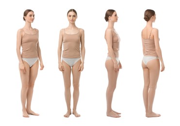 Image of Young woman in underwear on white background, collage. View from different sides