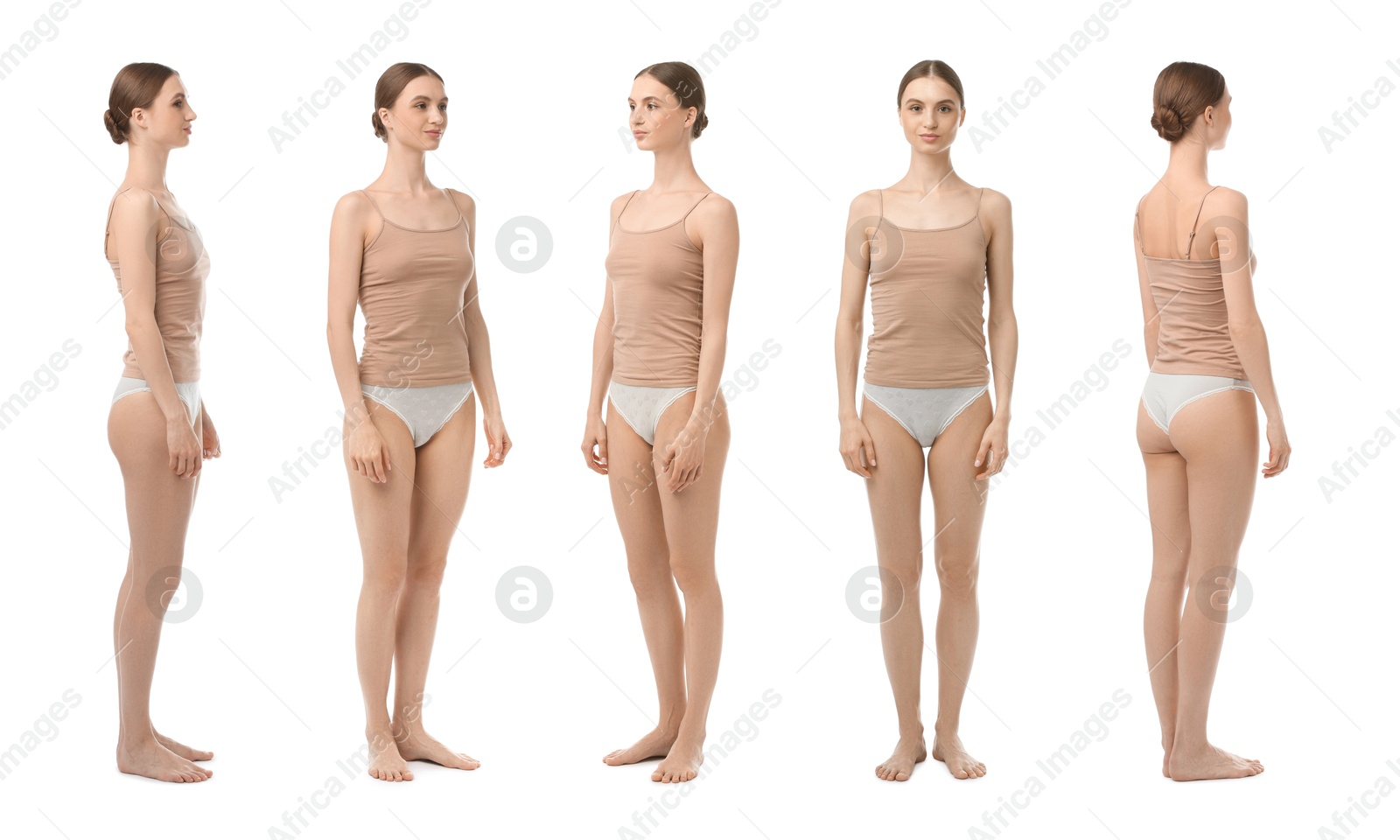 Young woman in underwear on white background, collage. View from different sides Image of Young woman in underwear on white background, collage. View from different sides