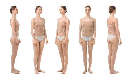 Image of Young woman in underwear on white background, collage. View from different sides