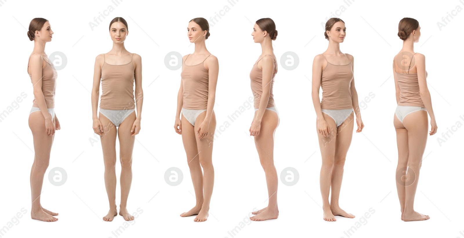 Young woman in underwear on white background, collage. View from different sides Image of Young woman in underwear on white background, collage. View from different sides