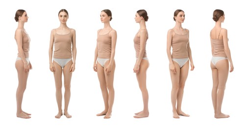 Image of Young woman in underwear on white background, collage. View from different sides
