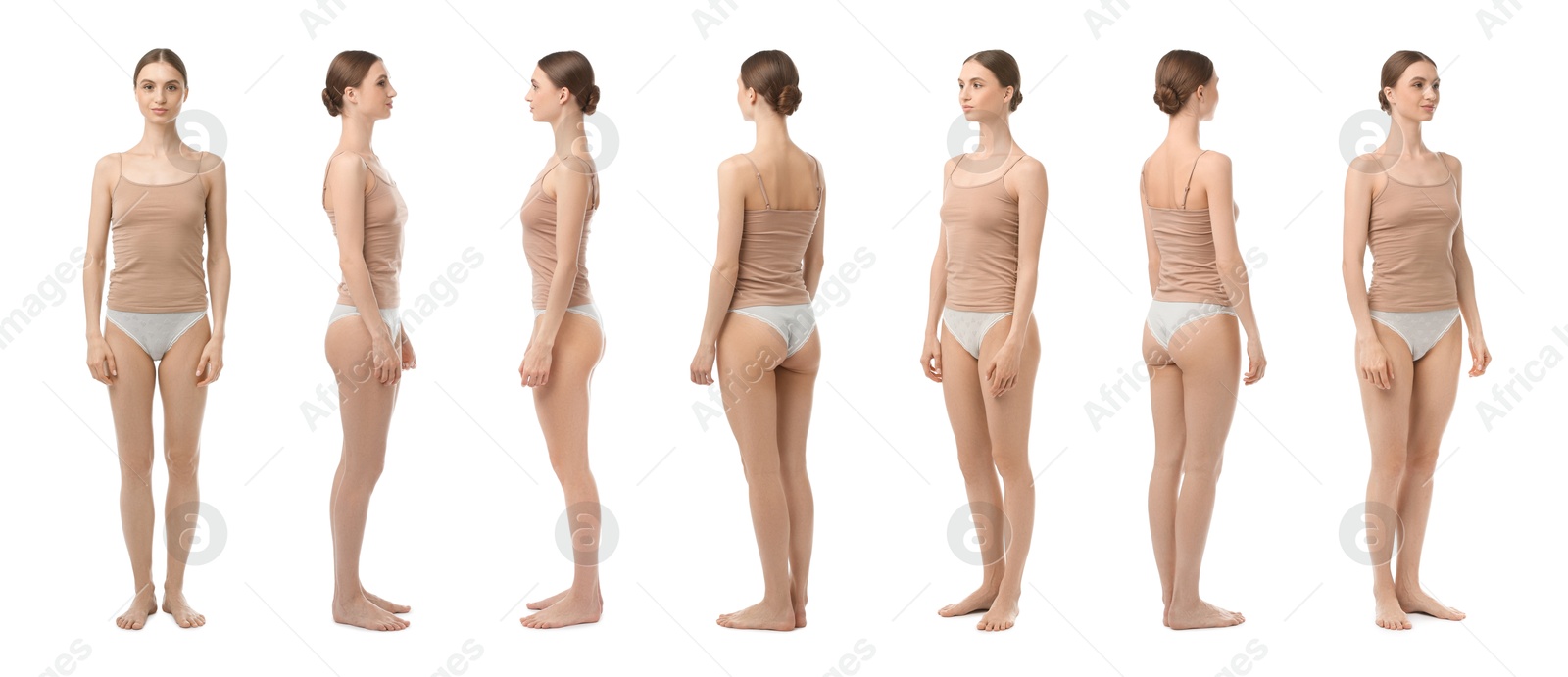 Young woman in underwear on white background, collage. View from different sides Image of Young woman in underwear on white background, collage. View from different sides