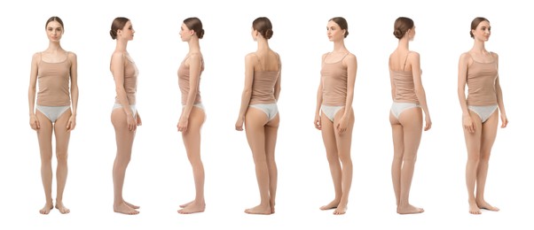 Image of Young woman in underwear on white background, collage. View from different sides