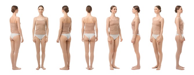 Image of Young woman in underwear on white background, collage. View from different sides