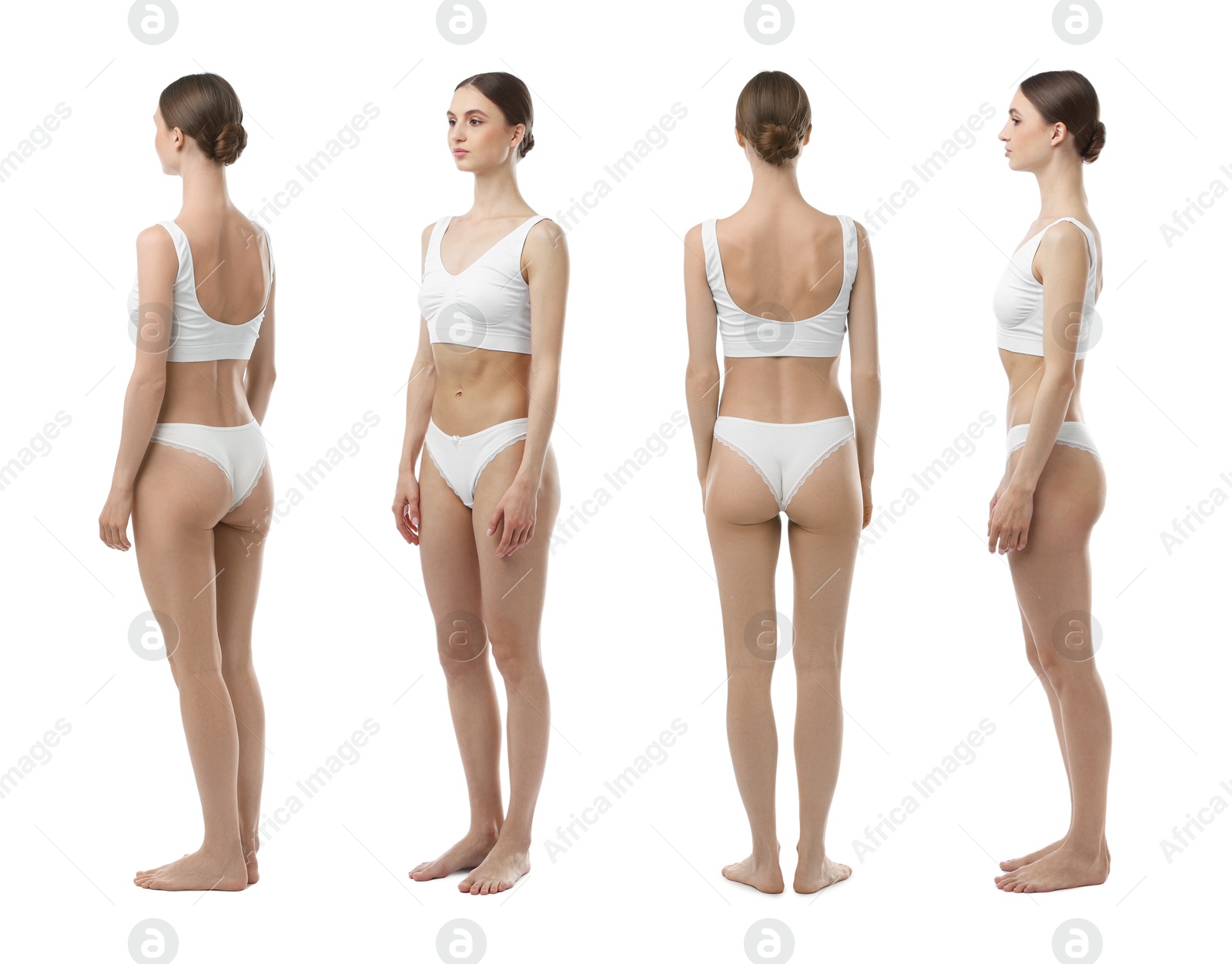 Young woman in underwear on white background, collage. View from different sides Image of Young woman in underwear on white background, collage. View from different sides