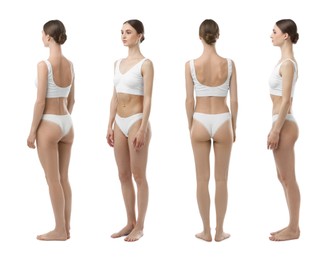 Image of Young woman in underwear on white background, collage. View from different sides