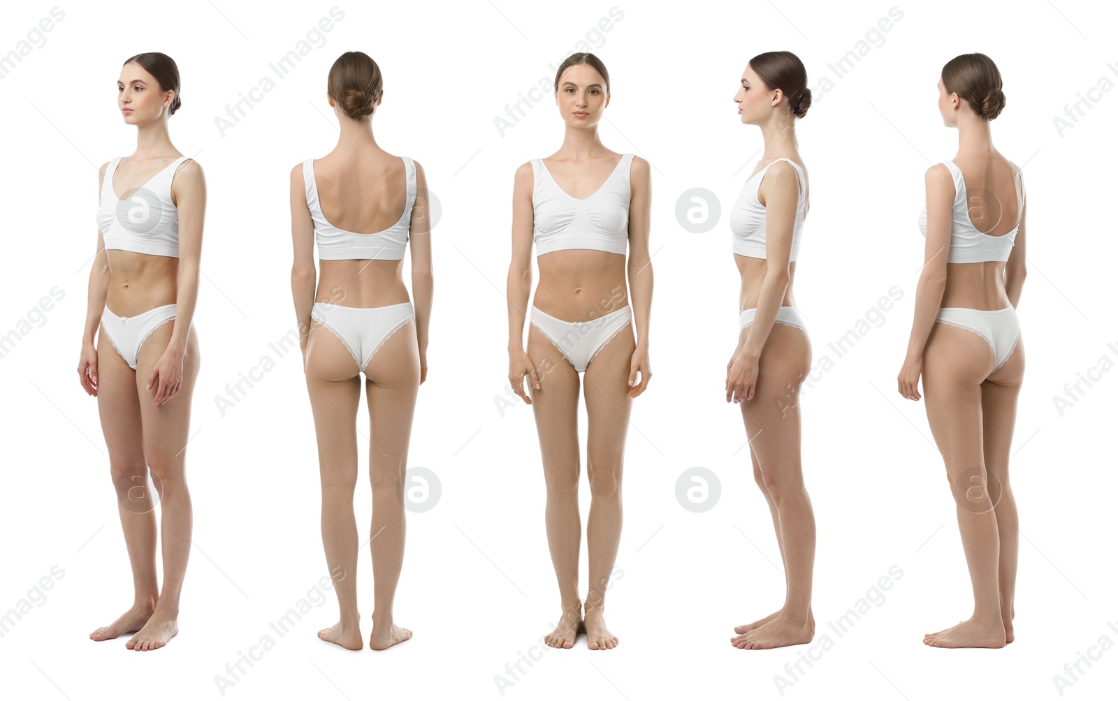 Young woman in underwear on white background, collage. View from different sides Image of Young woman in underwear on white background, collage. View from different sides