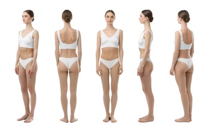 Image of Young woman in underwear on white background, collage. View from different sides
