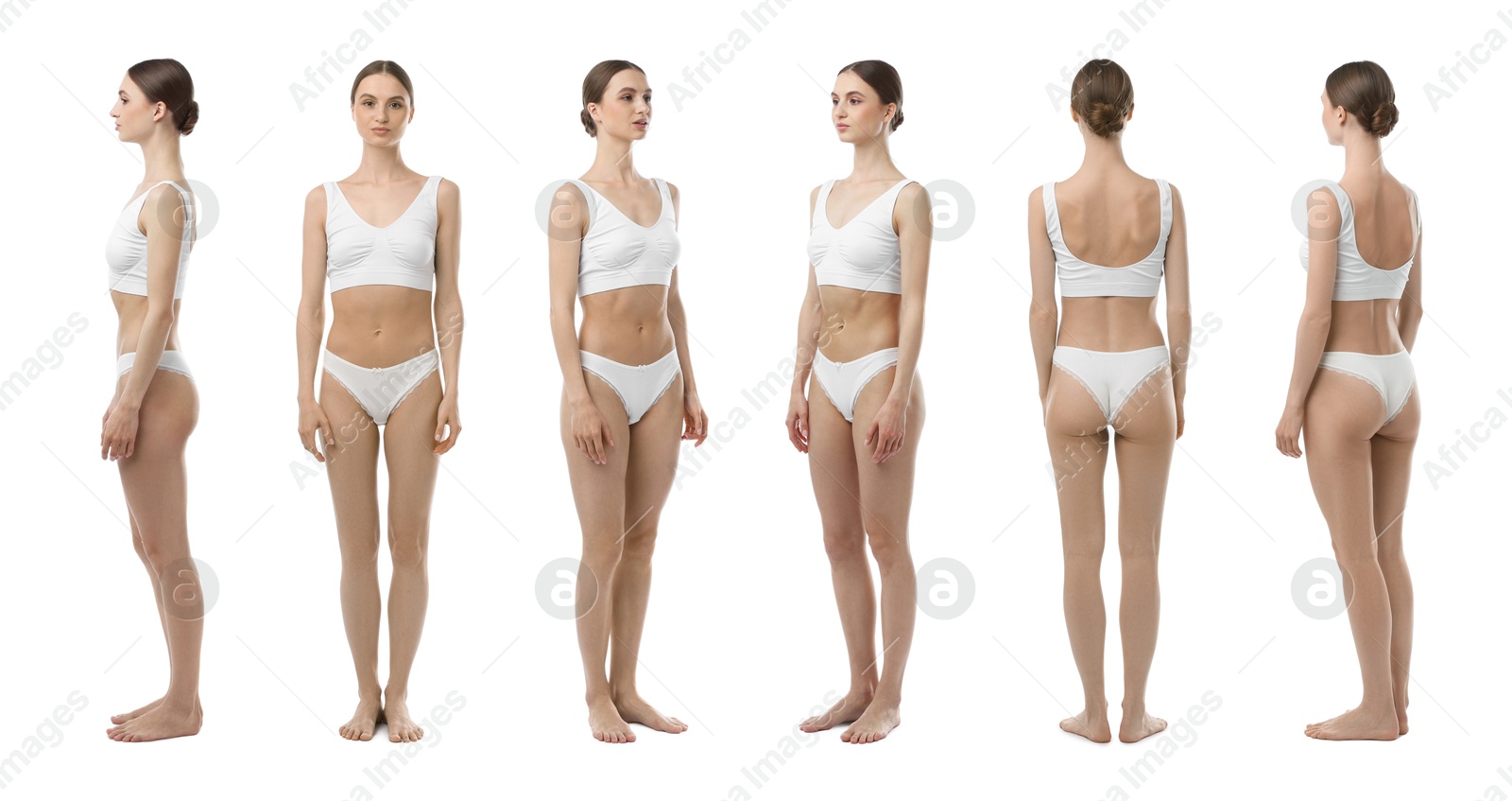 Young woman in underwear on white background, collage. View from different sides Image of Young woman in underwear on white background, collage. View from different sides