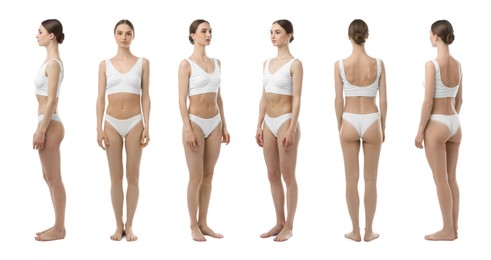 Image of Young woman in underwear on white background, collage. View from different sides