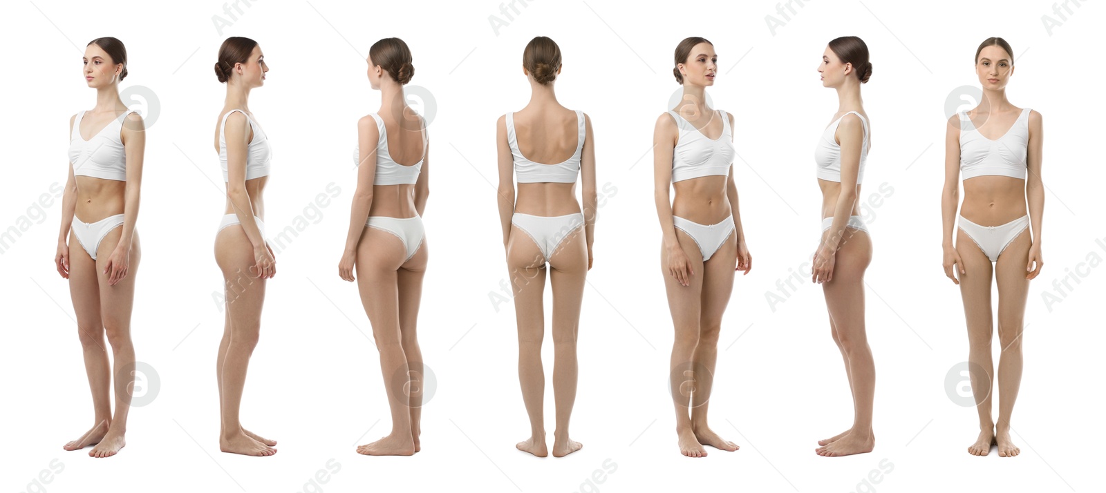 Young woman in underwear on white background, collage. View from different sides Image of Young woman in underwear on white background, collage. View from different sides