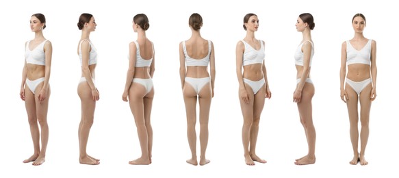 Image of Young woman in underwear on white background, collage. View from different sides