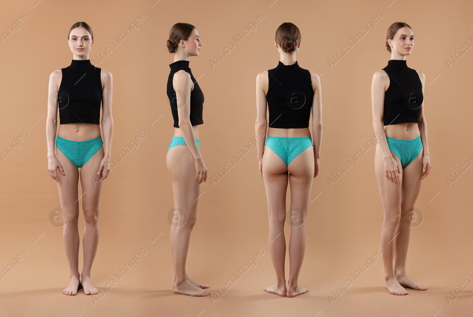 Young woman in underwear on light brown background, collage. View from different sides Image of Young woman in underwear on light brown background, collage. View from different sides