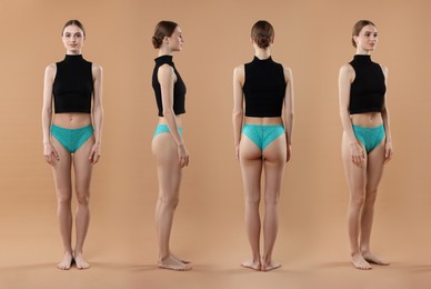 Image of Young woman in underwear on light brown background, collage. View from different sides