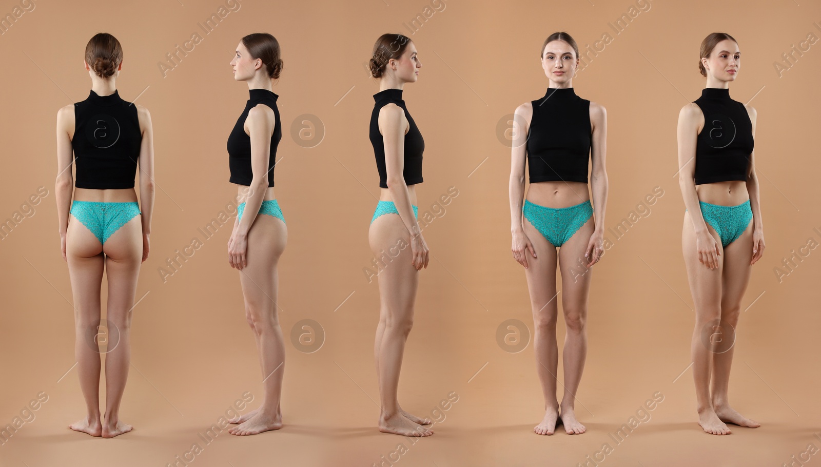 Young woman in underwear on light brown background, collage. View from different sides Image of Young woman in underwear on light brown background, collage. View from different sides