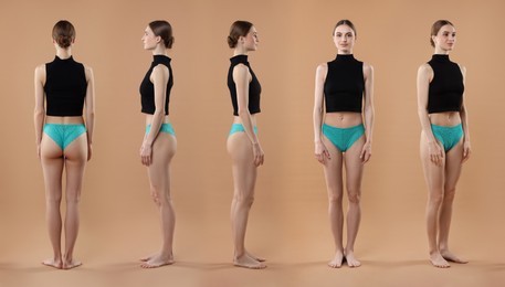 Image of Young woman in underwear on light brown background, collage. View from different sides