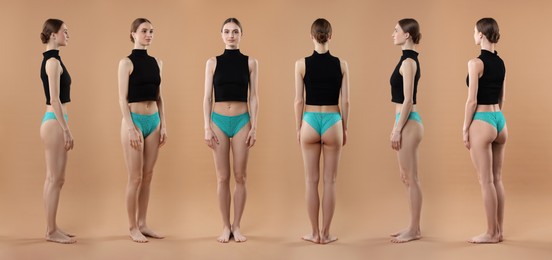 Image of Young woman in underwear on light brown background, collage. View from different sides