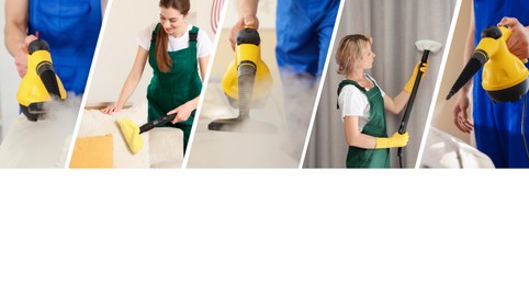 Image of Different photos of janitors using steam cleaners, collage. Banner design with space for text