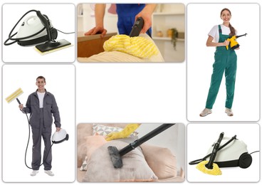 Image of Different photos of steam cleaners and janitors combined into collage. Space for text
