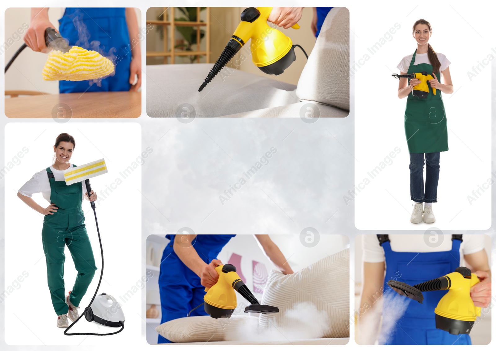 Photos of janitors with steam cleaners combined into collage. Space for text Image of Photos of janitors with steam cleaners combined into collage. Space for text