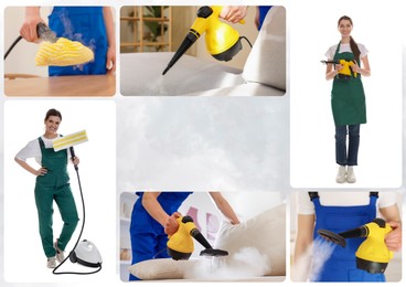 Image of Photos of janitors with steam cleaners combined into collage. Space for text